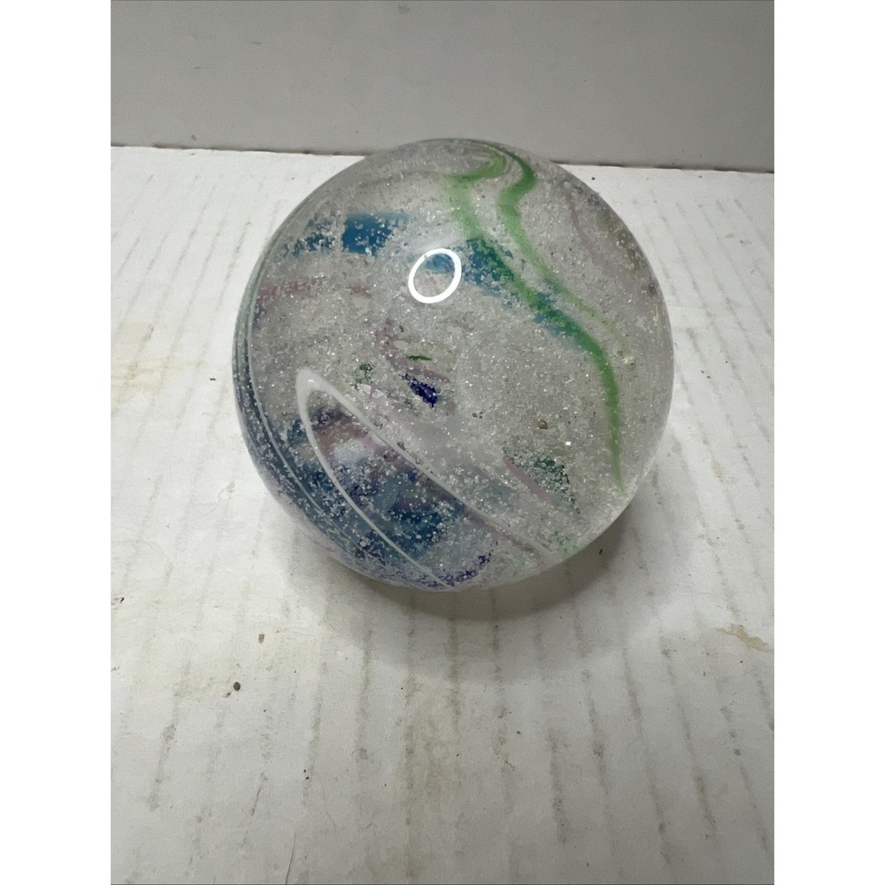 Peacock Elwood Glass Paperweight with Swirl Design and Bubbles Signed Art Glass